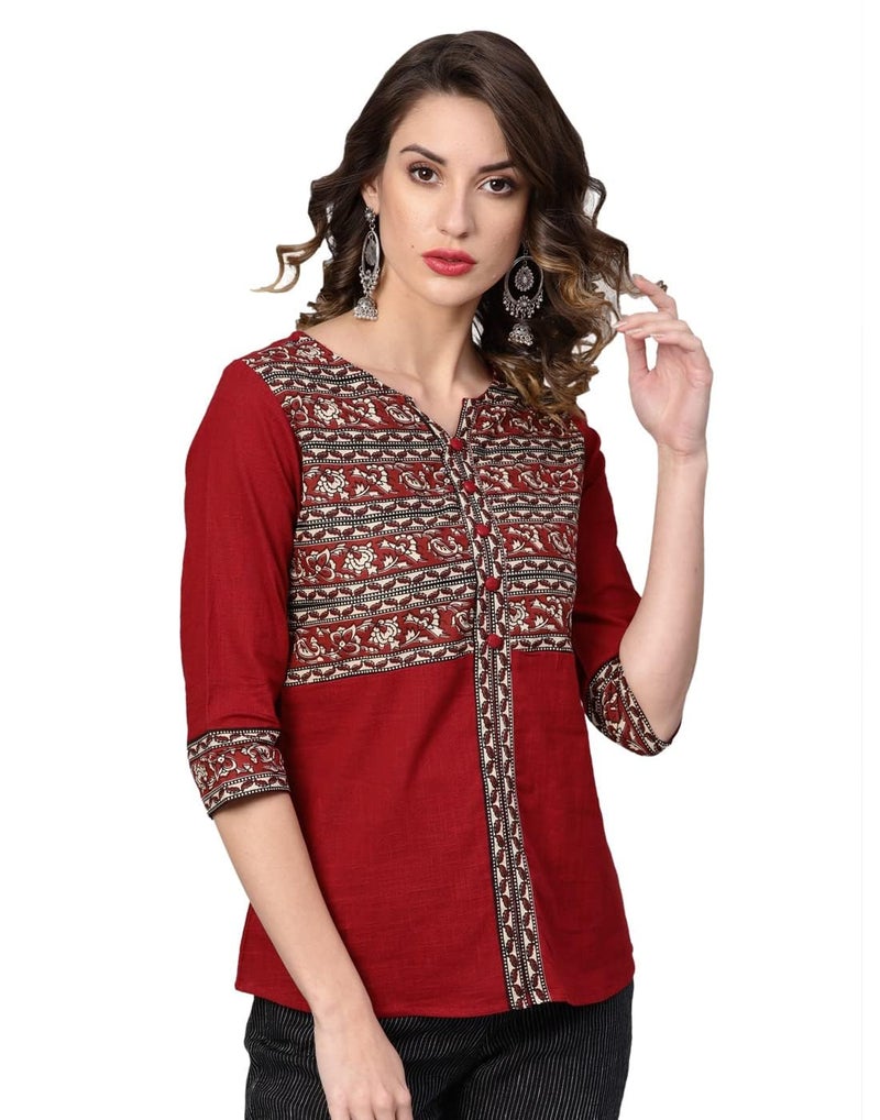Yash Gallery Indian Cotton Kalamkari Printed Regular Summer Tops for Women (Maroon) - Image 3